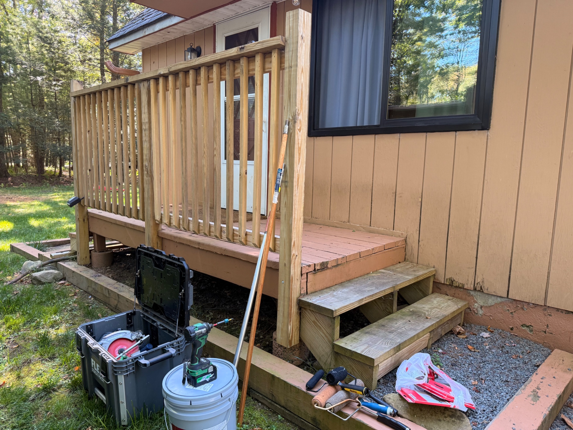 New raw-wood railing and stairs before finishing