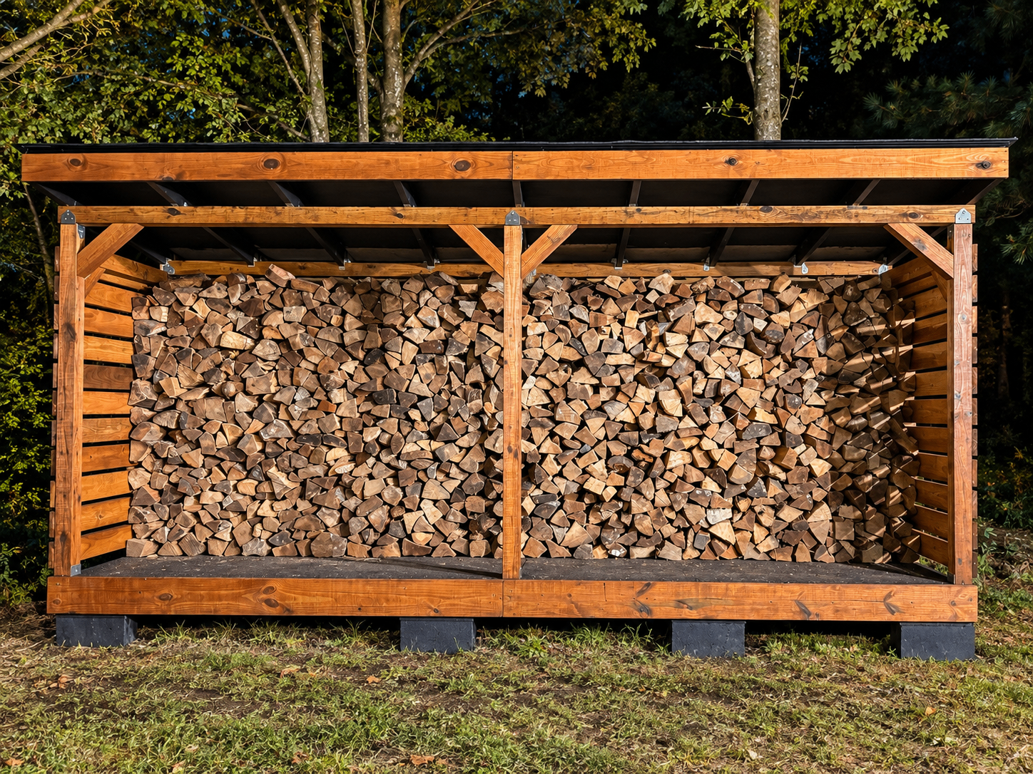 Front view of a custom 16-foot firewood storage shed filled with stacked firewood