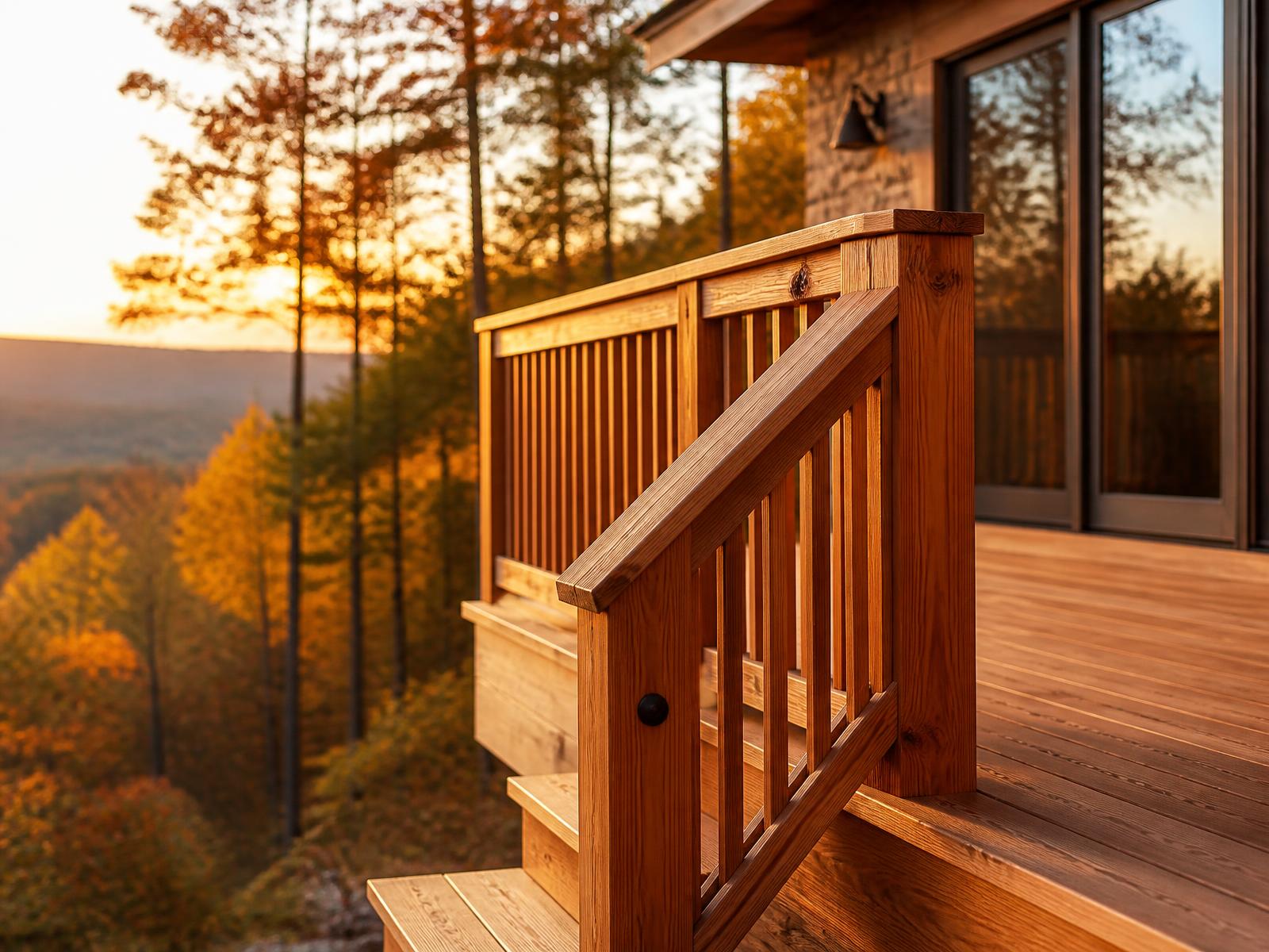Freshly built cedar deck on a Pocono Mountains home at golden hour